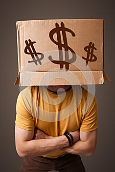 Young man gesturing with a cardboard box