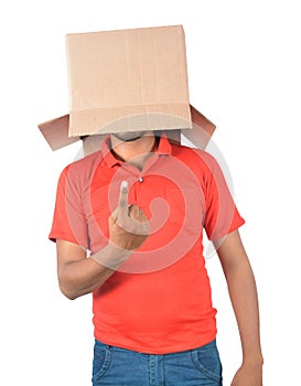 Young man gesturing with a cardboard box on his head isolated on