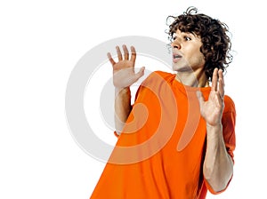 Young man gesturing surprised fear afraid portrait