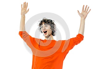 Young man gesturing surprised happy joy portrait