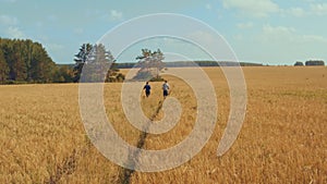 A young man and a girl with sports figures in sportswear are running along a cereal field.