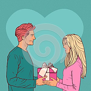 Young Man Give Gift Box To Woman Over Heart Shape Background Valentine Day Holiday Present Concept