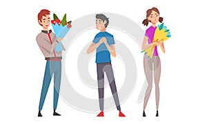 Young Man Giving Bouquet of Flowers to Happy Woman Vector Set