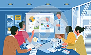 Young man giving business presentation in the office meeting, people discuss about the presentation flat vector illustration