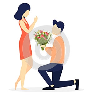 Young man giving flowers to his beloved woman photo