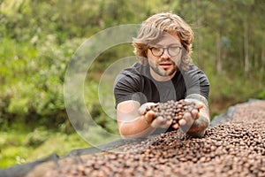 Young man in glasses showing coffee dried beans on hand