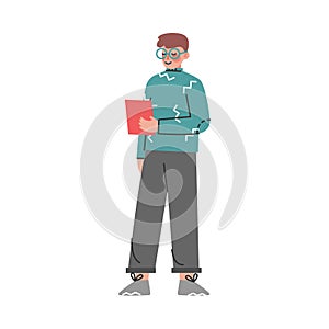 Young Man in Glasses Standing with Tablet PC Listening to Podcast Vector Illustration