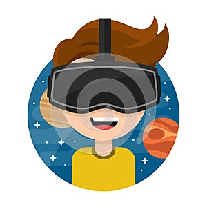 Young man with glasses of virtual reality. .. Flat vector icon cartoon character illustration design. New Gaming Cyber