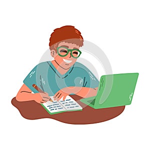 Young man in glasses writing in notebook, studying with laptop. Flat illustration of e learning and tutorial concept.