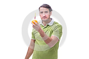 Young man in GMO fruits and vegetables concept