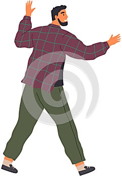 Young man going somewhere isolated on white. Male person walking and making hand gestures