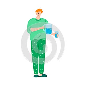 The young man in green home clothes standing with a bottle and glass of water. Vector illustration in cartoon style.