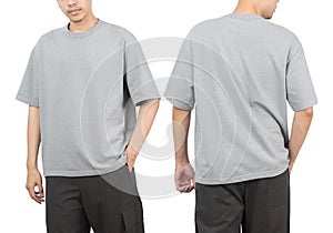 Young man in grey oversize t-shirt mockup front and back used as design template