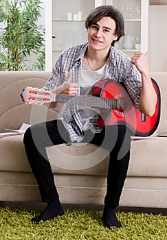 Young man with guitar at home