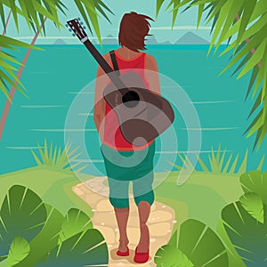 Young man with guitar on the island