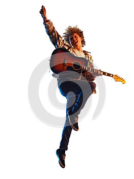 young man guitar player shadow silhouette isolated white background