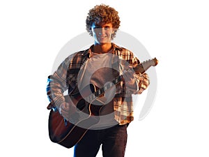 young man guitar player shadow silhouette isolated white background