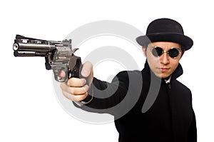 Young man with gun isolated on white