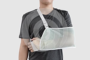 Young man with hand injured wearing splint, broken arm,  on white background