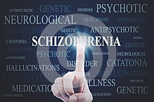 Young man hands pressing schizophrenia word