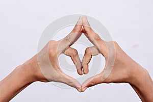 Asian men's hand gestured funny eye showing symbol photo