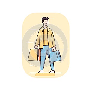 Young man happy shopping carrying bags. Smiling shopper purchases walking confidently. Casual male
