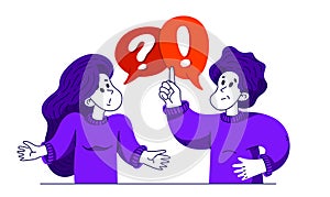 Young man has a good answer to a woman question and doubts, vector illustration of young people helping each other to solve some