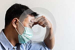 The young man has headache coughing and sneezing which is caused by the infection of the COVID-19 virus or the CORONA virus By wea