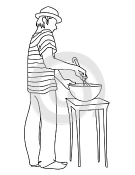 Young man in hat and striped t-shirt prepares food. Guy standing, stirring ingredients in bowl. Vector illustration of