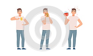 Young Man Having Bad Habits Drinking Alcohol and Eating Hamburger Vector Set