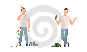 Young Man Having Bad Habits Drinking Alcohol with Empty Bottles Nearby Vector Set