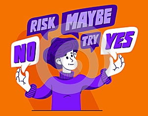 Young man having a doubt and question, vector illustration of a person who is hesitating and thinking about some problem, decide