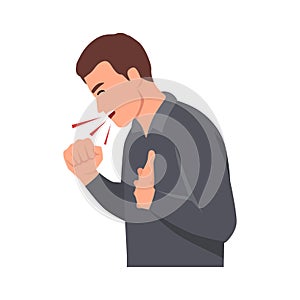 Young man having dry cough. Male person with asthma,