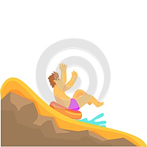 Young man having fun on a water slide in a water park in summer vacation cartoon vector Illustration