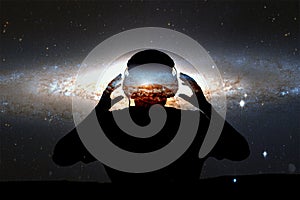 young man with headphone on stars background. This image elements furnished by NASA