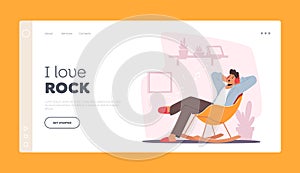 Young Man in Headphones Enjoying Rock Music Landing Page Template. Male Character Wearing Earphones Relax Sparetime