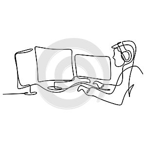 A young man with headset looking at monitor computer. Continuous one line drawing of a gamer playing games with computer monitor,