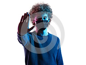 young man headshot face mask portrait shadow white background stop gesture