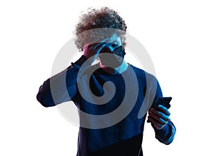 young man headshot face mask portrait shadow white background telephone sick