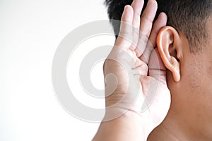 Young man hearing loss sound waves simulation technology Hear