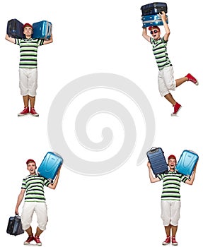 The young man with heavy suitcases isolated on white