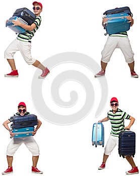 The young man with heavy suitcases isolated on white