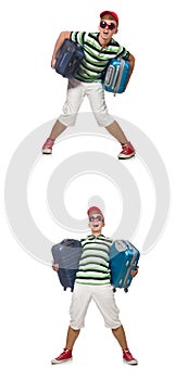 The young man with heavy suitcases isolated on white