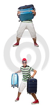 The young man with heavy suitcases isolated on white