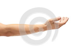 Young man held out hand on white background