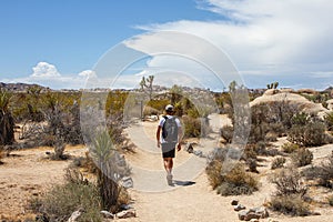 Young man hiking with backpack on Arch Rock Trail in Joshua Tree National Park, California, USA