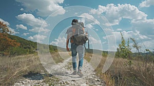 Young man hiking with oversized tourist backpack in beautiful mountainous landscape