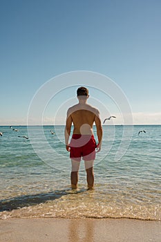 Young man on his back on the beach watching the calm sea in the morning and the birds flying in front of him. enjoying the