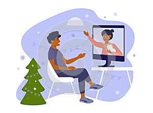 Young man and his elderly mother chatting online on holidays use computer