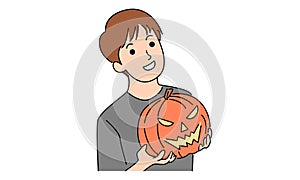 Young man hold halloween pumpkin head